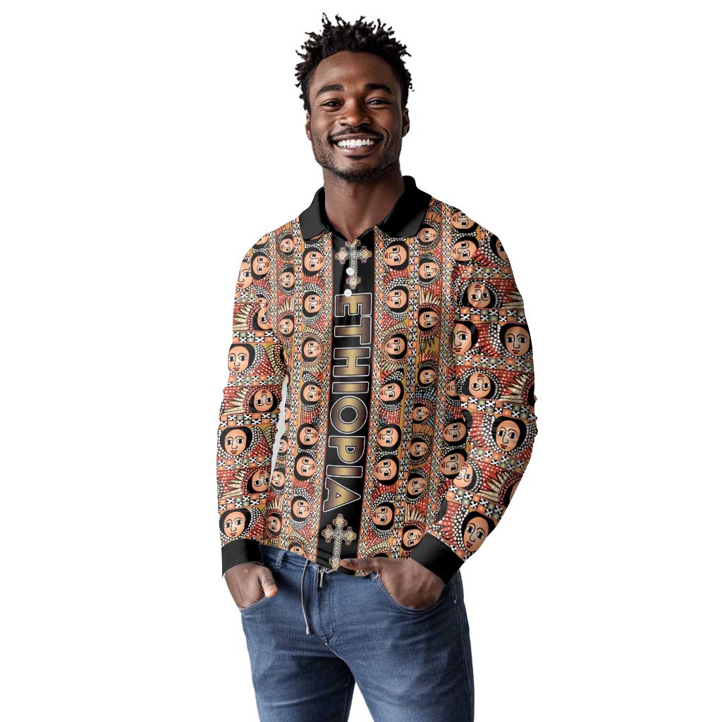 Personalized Ethiopia Long Sleeve Polo Shirt Ethiopian Tewahedo Angel Orthodox Black Color