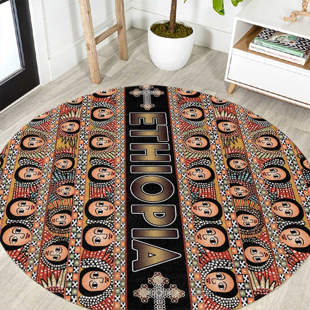 Ethiopia Round Carpet Ethiopian Tewahedo Angel Orthodox Black Color