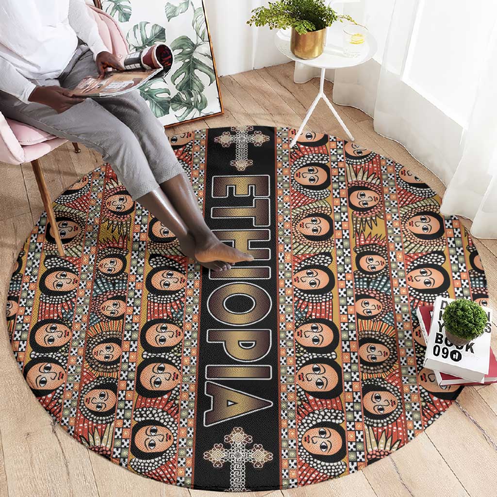 Ethiopia Round Carpet Ethiopian Tewahedo Angel Orthodox Black Color