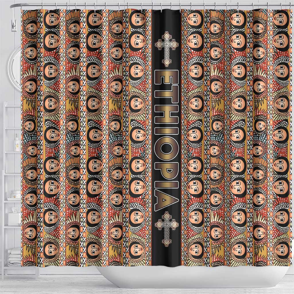 Ethiopia Shower Curtain Ethiopian Tewahedo Angel Orthodox Black Color