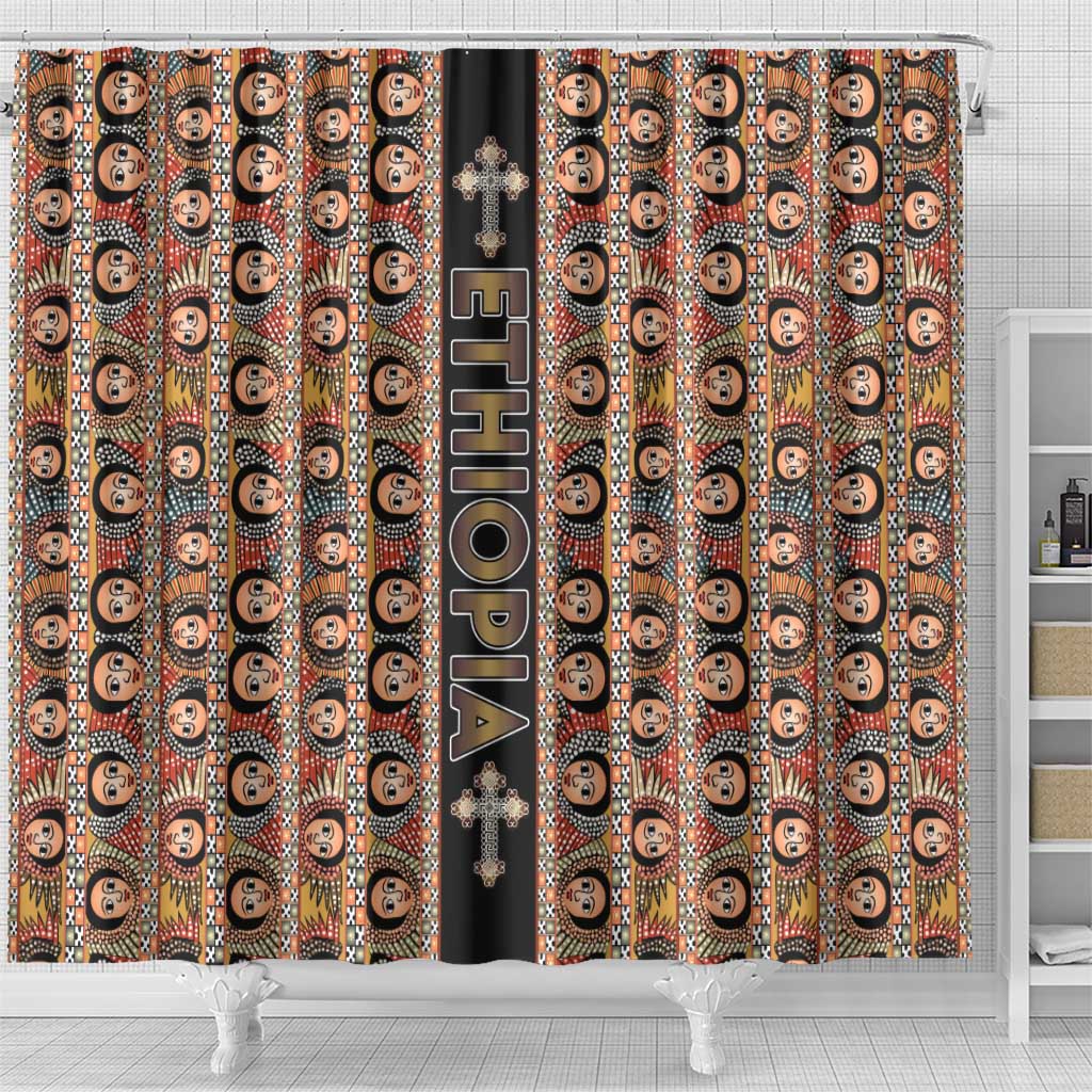 Ethiopia Shower Curtain Ethiopian Tewahedo Angel Orthodox Black Color