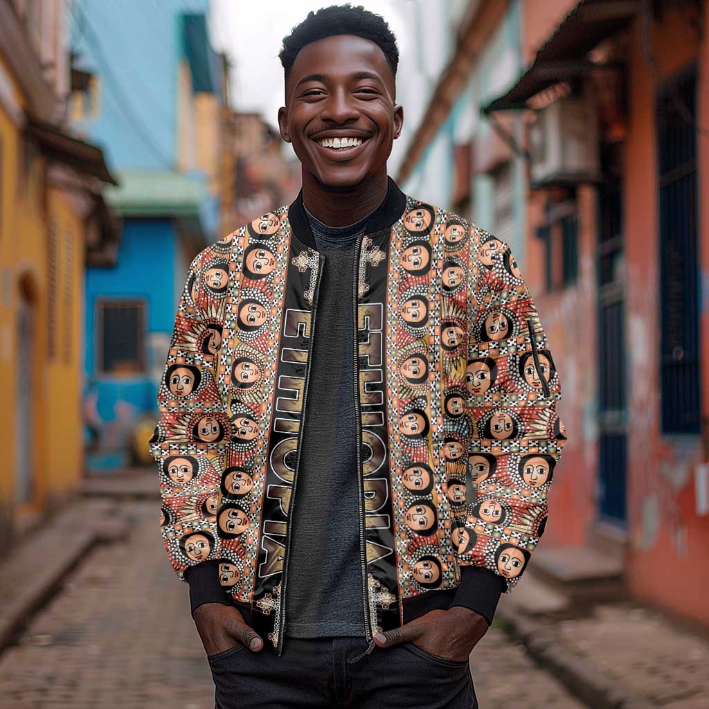 Personalized Ethiopia Sleeve Zip Bomber Jacket Ethiopian Tewahedo Angel Orthodox Black Color