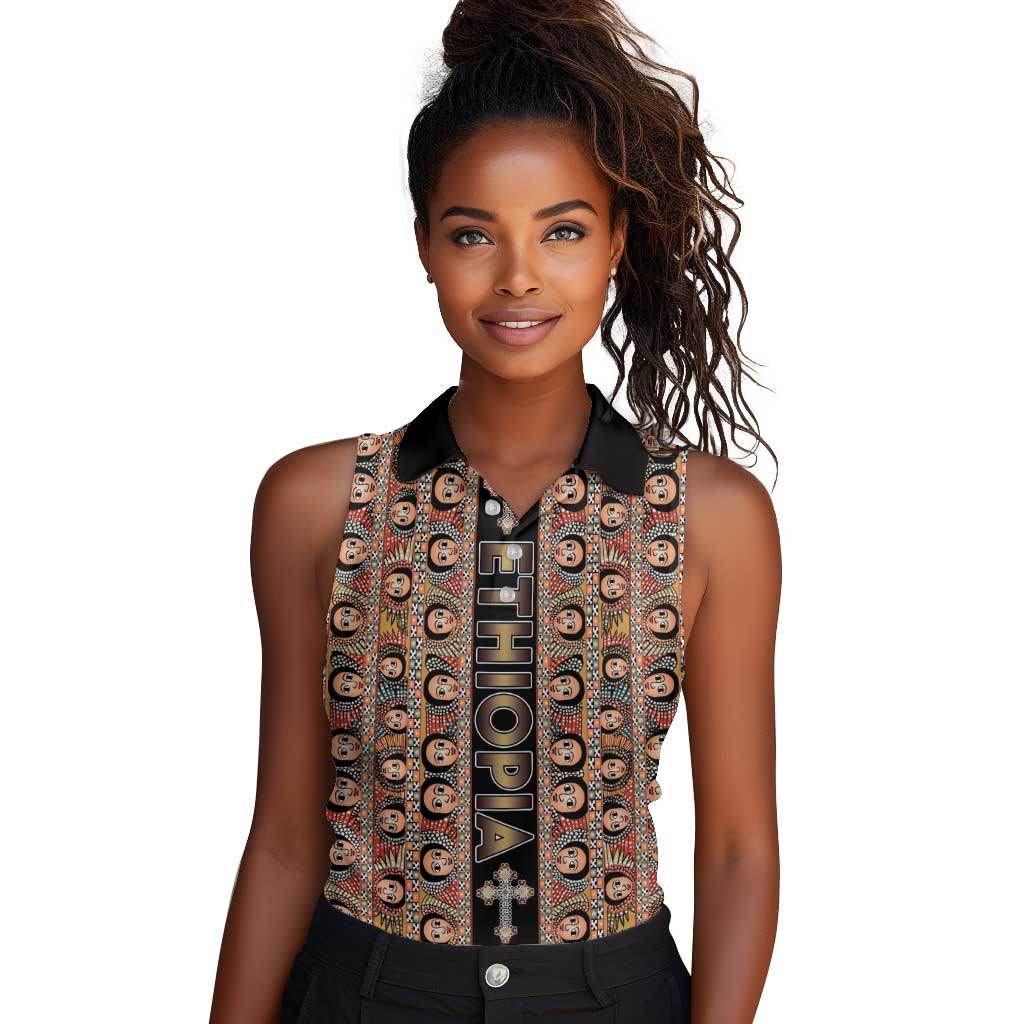 Personalized Ethiopia Women Sleeveless Polo Shirt Ethiopian Tewahedo Angel Orthodox Black Color