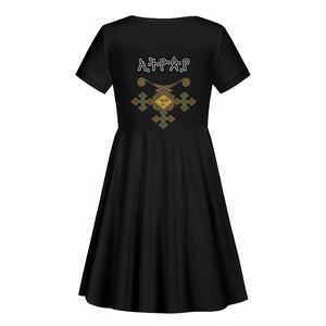 Ethiopia Saba Kemis Habesha Style Kid Short Sleeve Dress Black Color