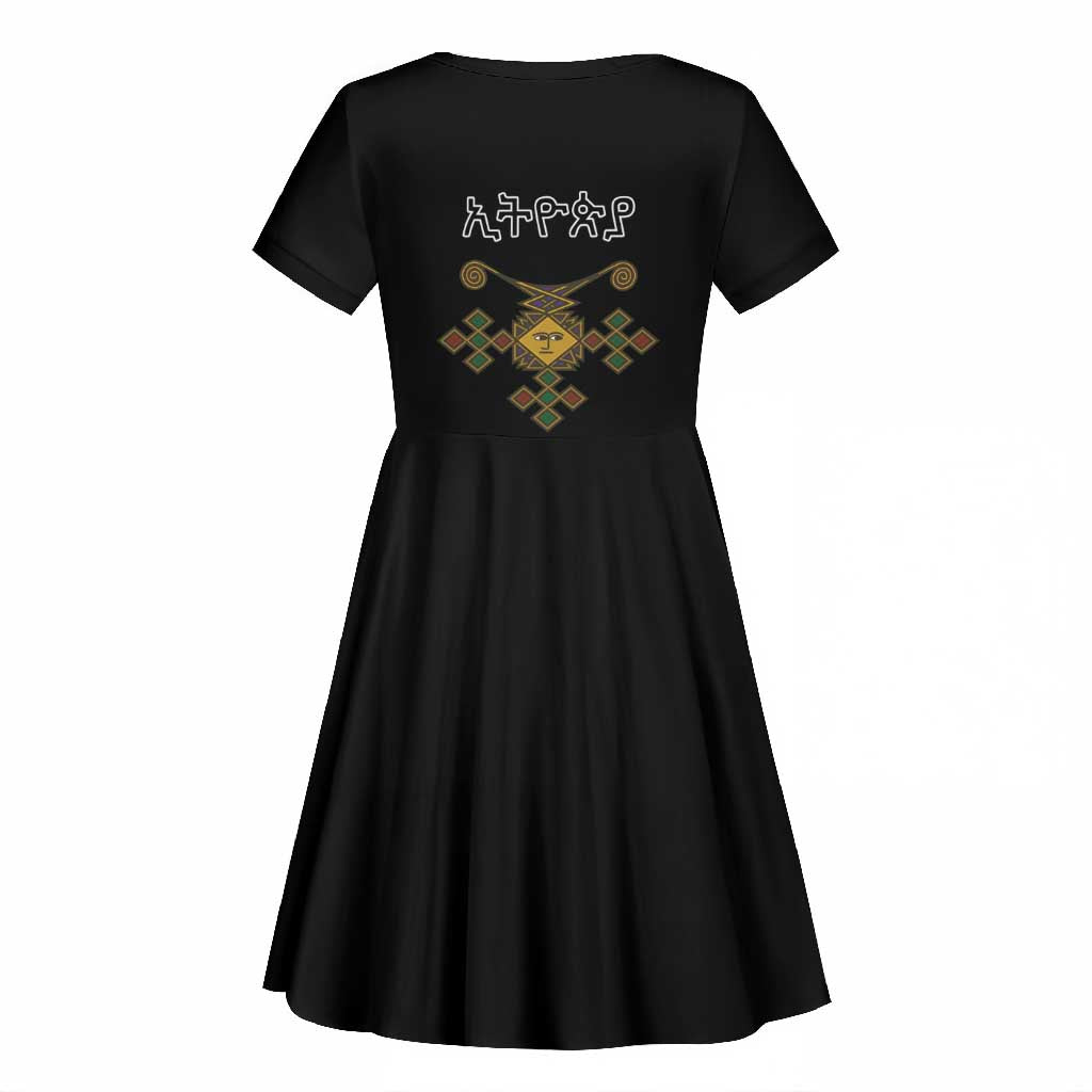 Ethiopia Saba Kemis Habesha Style Kid Short Sleeve Dress Black Color