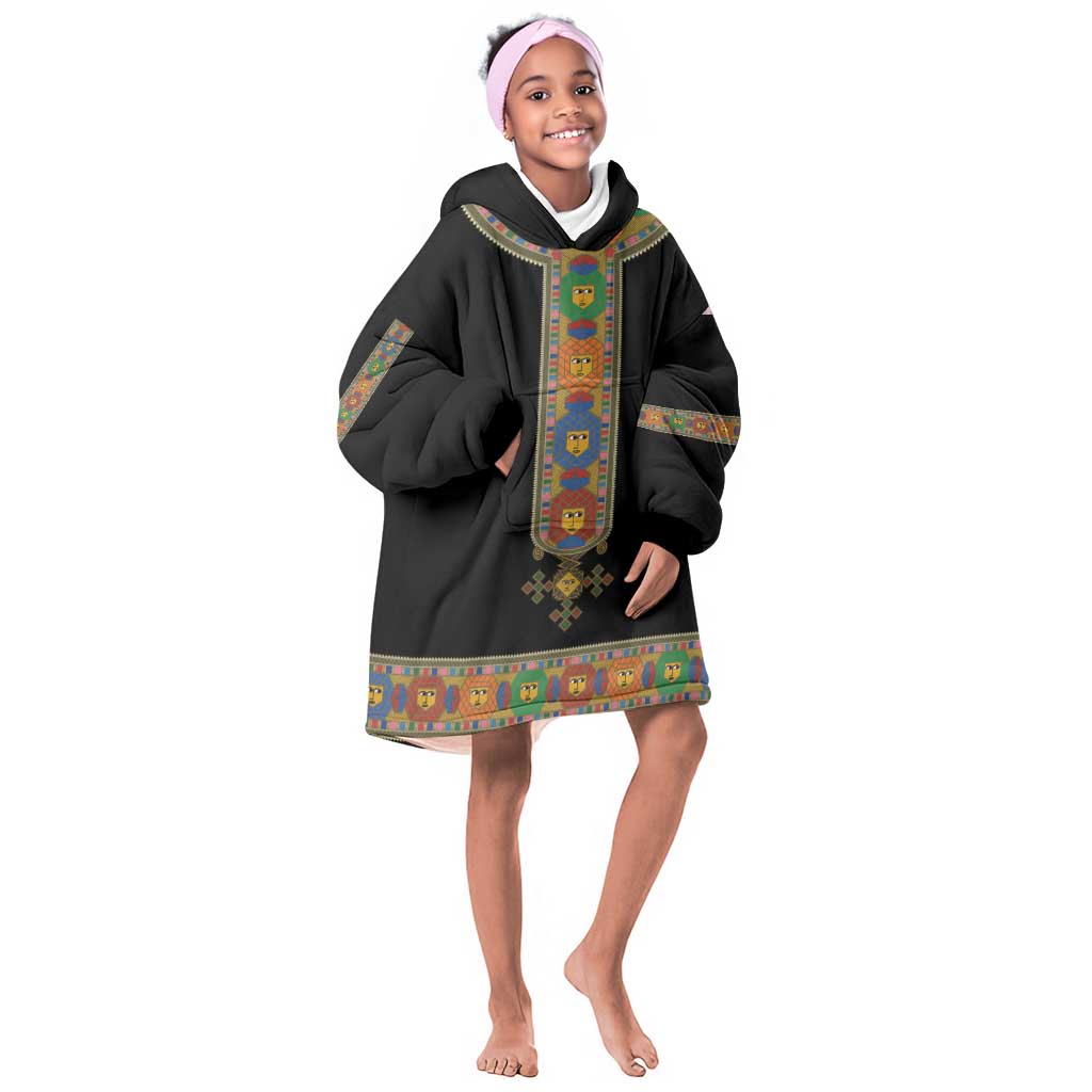 Ethiopia Saba Kemis Habesha Style Kid Wearable Blanket Hoodie Black Color