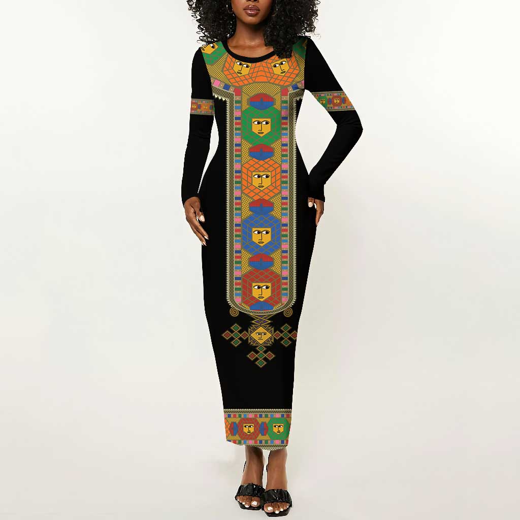 Ethiopia Saba Kemis Habesha Style Long Sleeve Bodycon Dress Black Color LT15