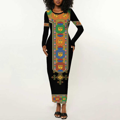Ethiopia Saba Kemis Habesha Style Long Sleeve Bodycon Dress Black Color LT15