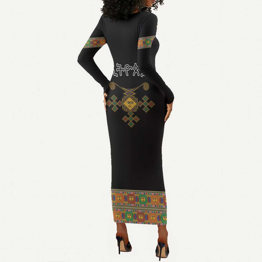 Ethiopia Saba Kemis Habesha Style Long Sleeve Bodycon Dress Black Color LT15