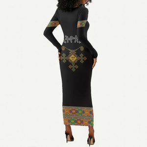 Ethiopia Saba Kemis Habesha Style Long Sleeve Bodycon Dress Black Color LT15