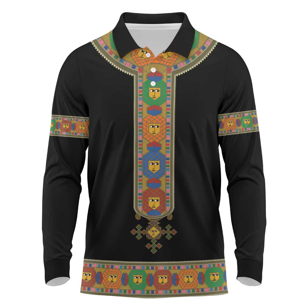 Ethiopia Saba Kemis Habesha Style Long Sleeve Polo Shirt Black Color