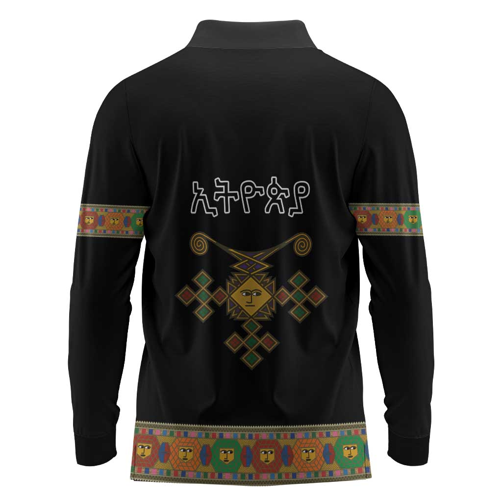 Ethiopia Saba Kemis Habesha Style Long Sleeve Polo Shirt Black Color