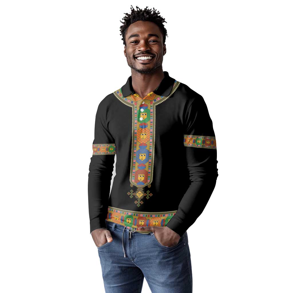 Ethiopia Saba Kemis Habesha Style Long Sleeve Polo Shirt Black Color