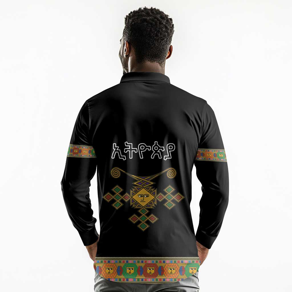Ethiopia Saba Kemis Habesha Style Long Sleeve Polo Shirt Black Color