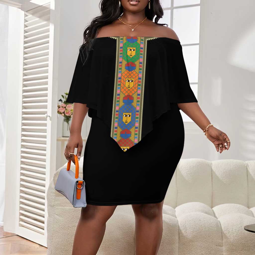 Ethiopia Saba Kemis Habesha Style Off Shoulder Short Dress Black Color