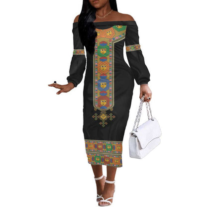 Ethiopia Saba Kemis Habesha Style Off The Shoulder Long Sleeve Dress Black Color