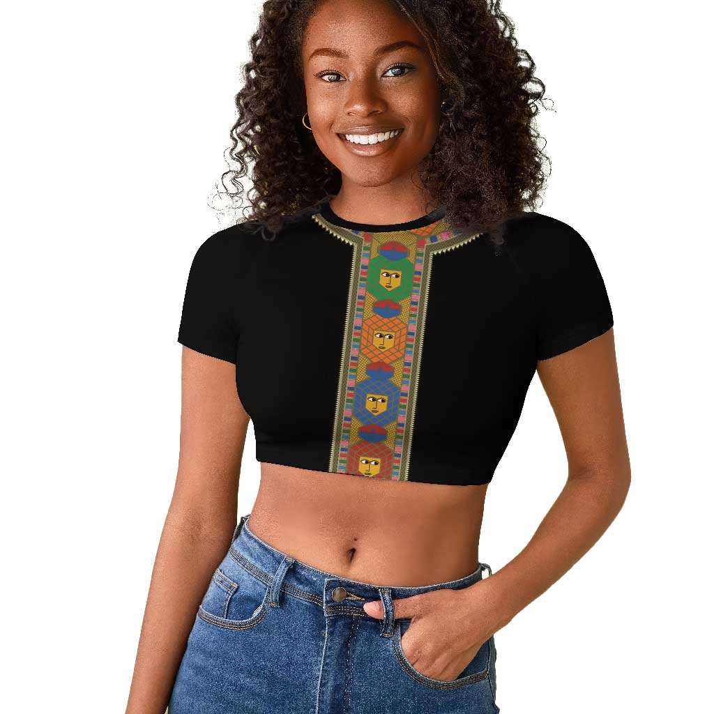 Ethiopia Saba Kemis Habesha Style Raglan Cropped T shirt Black Color