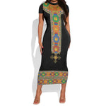 Ethiopia Saba Kemis Habesha Style Short Sleeve Bodycon Dress Black Color LT15