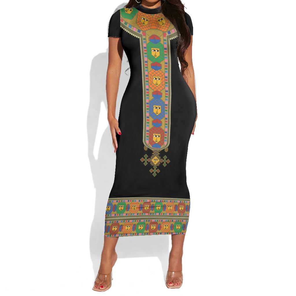 Ethiopia Saba Kemis Habesha Style Short Sleeve Bodycon Dress Black Color LT15