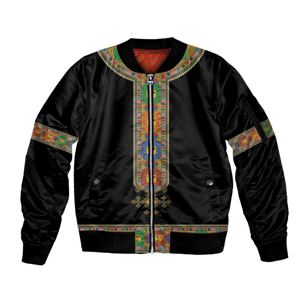 Ethiopia Saba Kemis Habesha Style Sleeve Zip Bomber Jacket Black Color