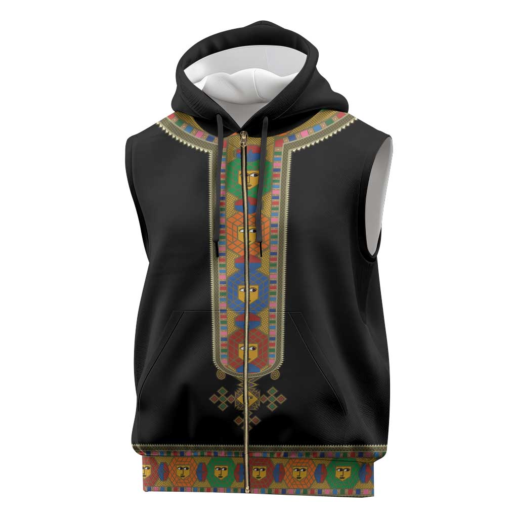 Ethiopia Saba Kemis Habesha Style Sleeveless Zip Hoodie Black Color - African Pride