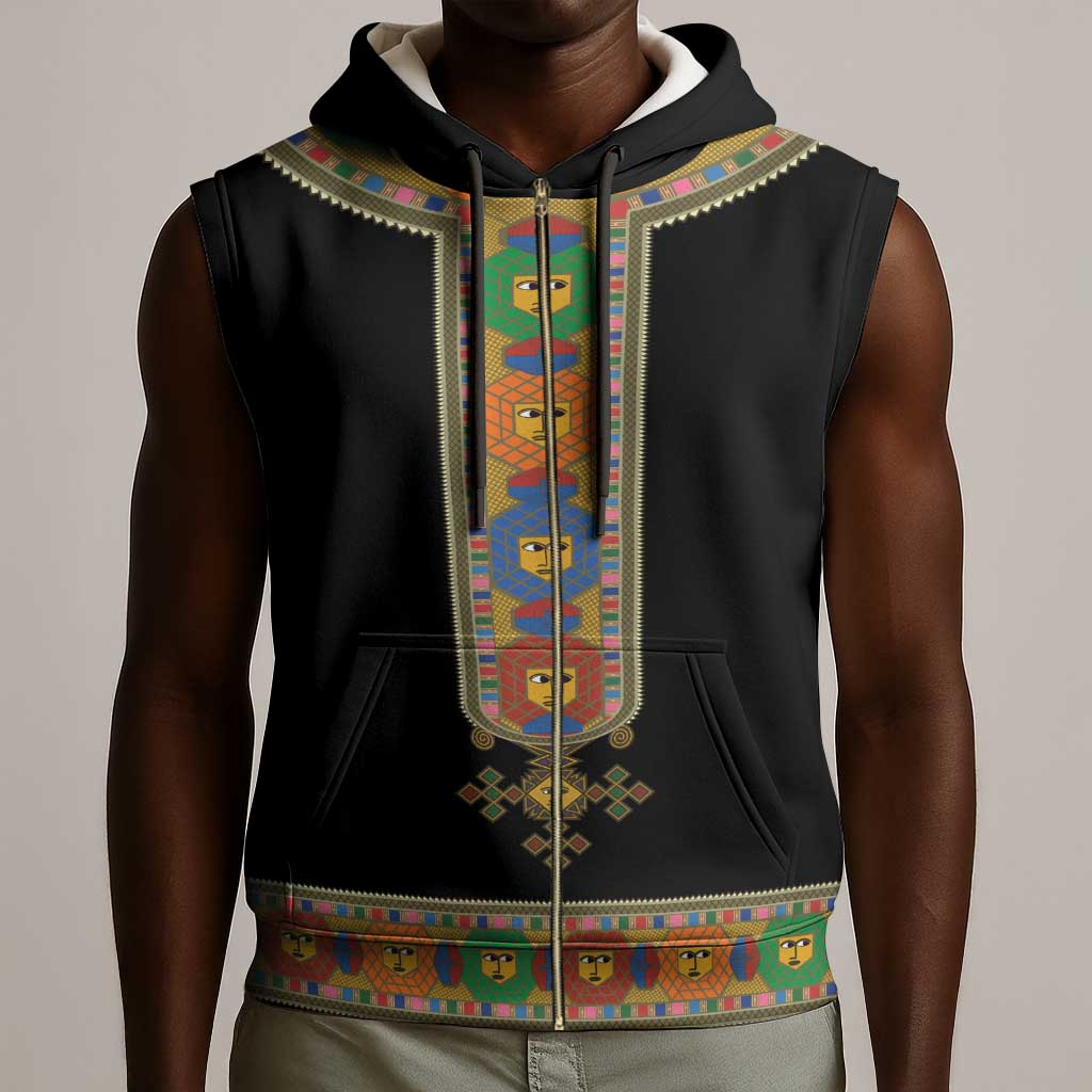 Ethiopia Saba Kemis Habesha Style Sleeveless Zip Hoodie Black Color - African Pride