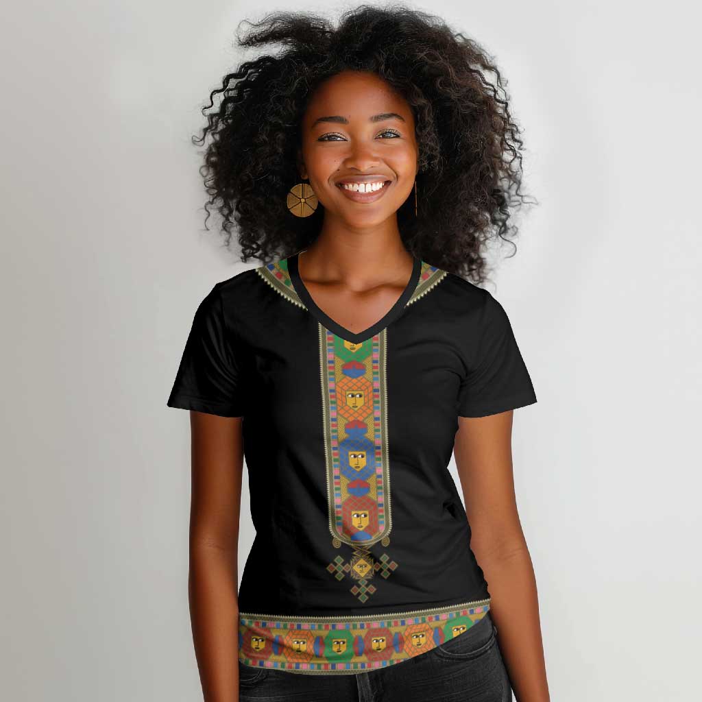 Ethiopia Saba Kemis Habesha Style Women V-Neck T-Shirt Black Color