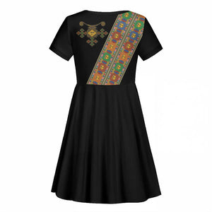 Ethiopia Saba Kemis Sash Style Kid Short Sleeve Dress Black Color