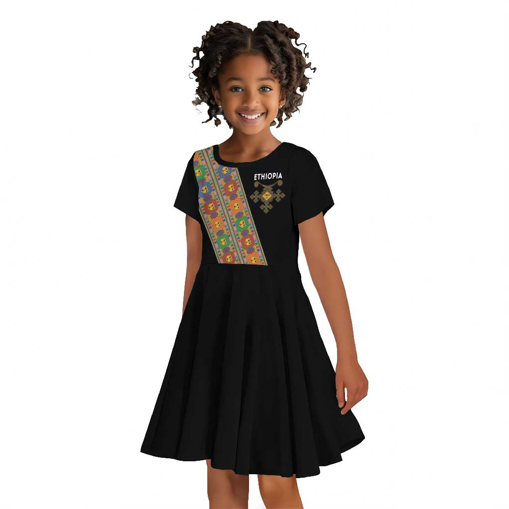 Ethiopia Saba Kemis Sash Style Kid Short Sleeve Dress Black Color