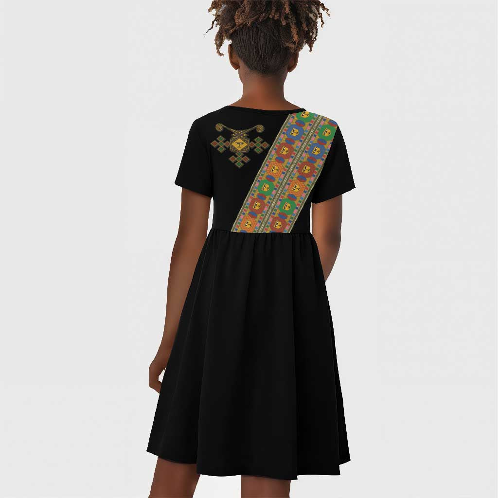 Ethiopia Saba Kemis Sash Style Kid Short Sleeve Dress Black Color