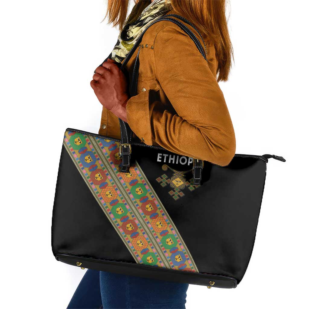 Ethiopia Saba Kemis Sash Style Leather Tote Bag Black Color