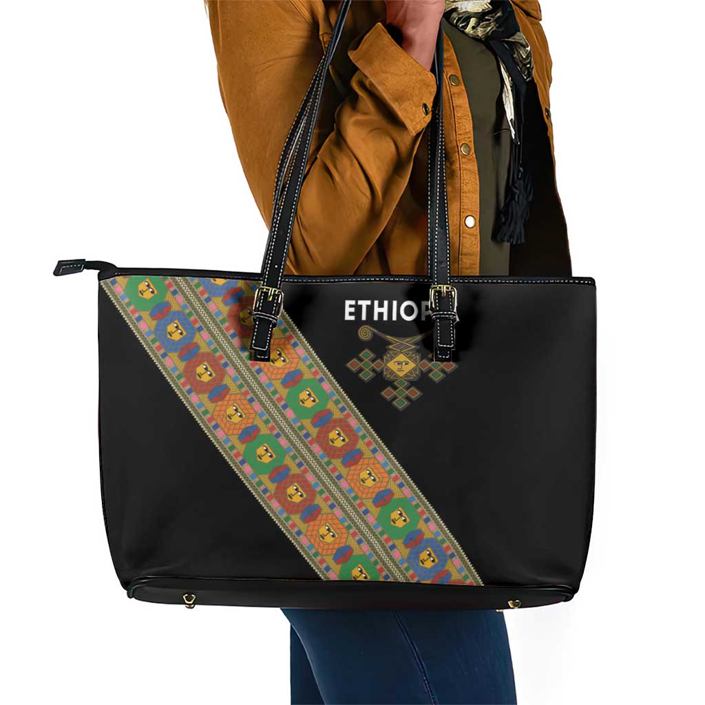 Ethiopia Saba Kemis Sash Style Leather Tote Bag Black Color