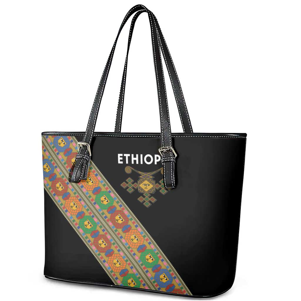Ethiopia Saba Kemis Sash Style Leather Tote Bag Black Color