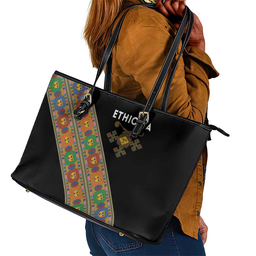 Ethiopia Saba Kemis Sash Style Leather Tote Bag Black Color