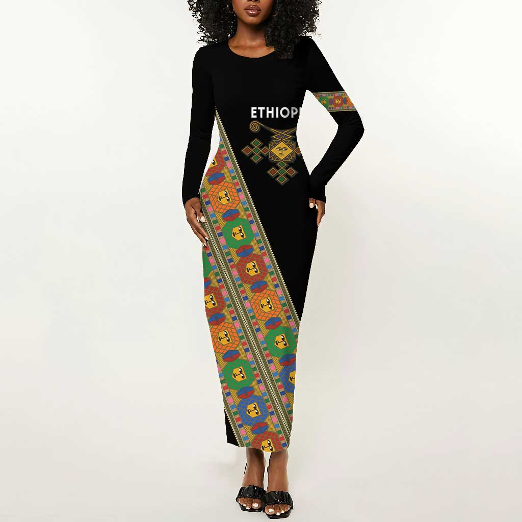 Ethiopia Saba Kemis Sash Style Long Sleeve Bodycon Dress Black Color LT15