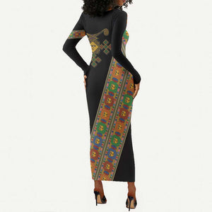 Ethiopia Saba Kemis Sash Style Long Sleeve Bodycon Dress Black Color LT15