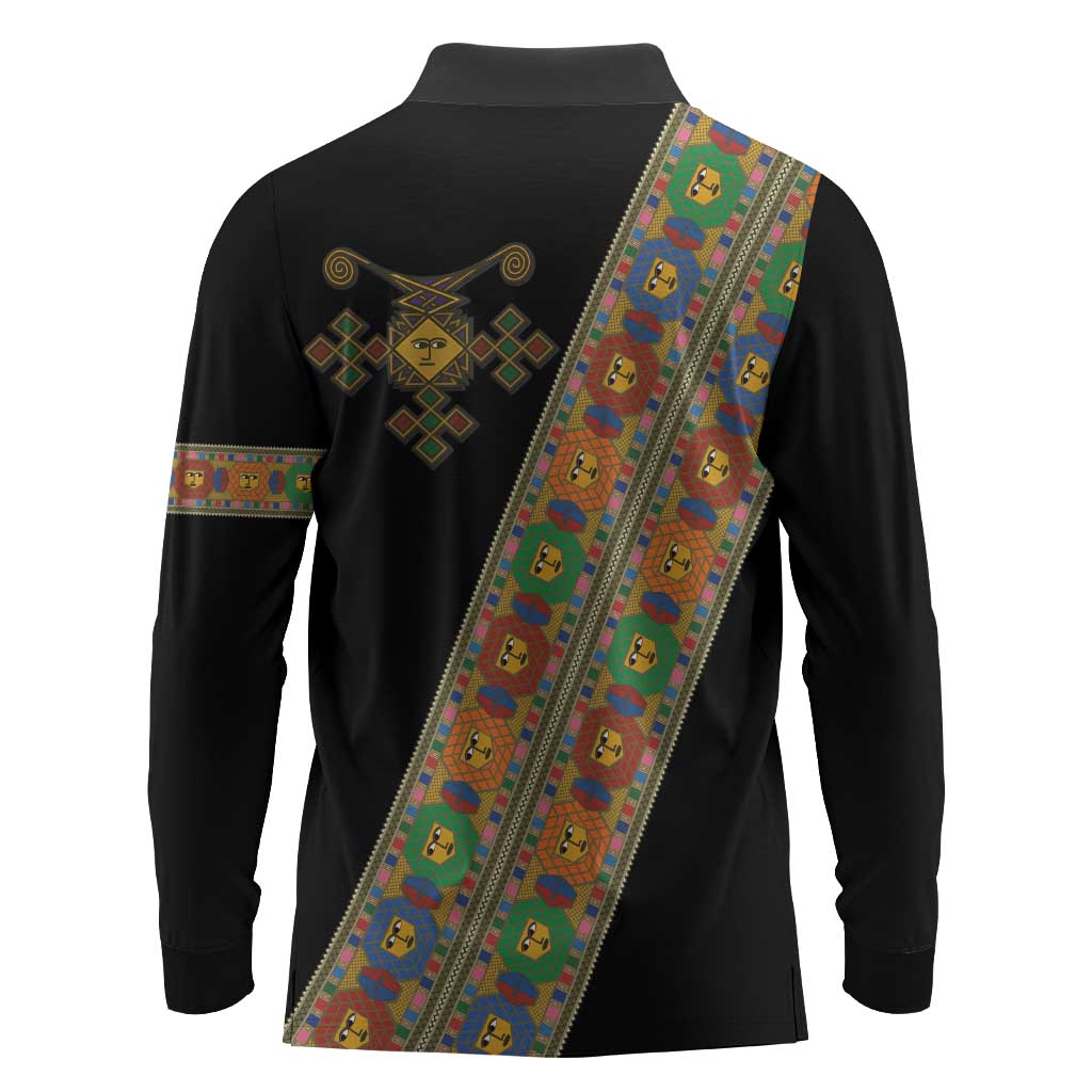 Ethiopia Saba Kemis Sash Style Long Sleeve Polo Shirt Black Color