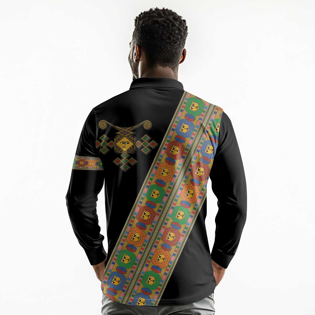 Ethiopia Saba Kemis Sash Style Long Sleeve Polo Shirt Black Color