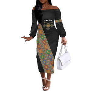 Ethiopia Saba Kemis Sash Style Off The Shoulder Long Sleeve Dress Black Color