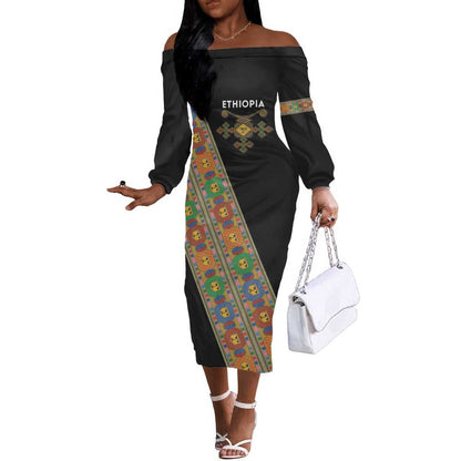 Ethiopia Saba Kemis Sash Style Off The Shoulder Long Sleeve Dress Black Color