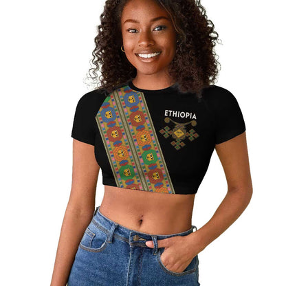 Ethiopia Saba Kemis Sash Style Raglan Cropped T shirt Black Color