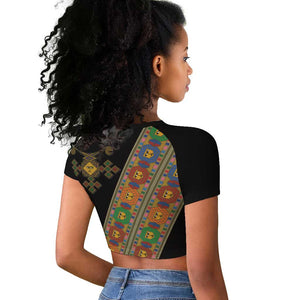 Ethiopia Saba Kemis Sash Style Raglan Cropped T shirt Black Color
