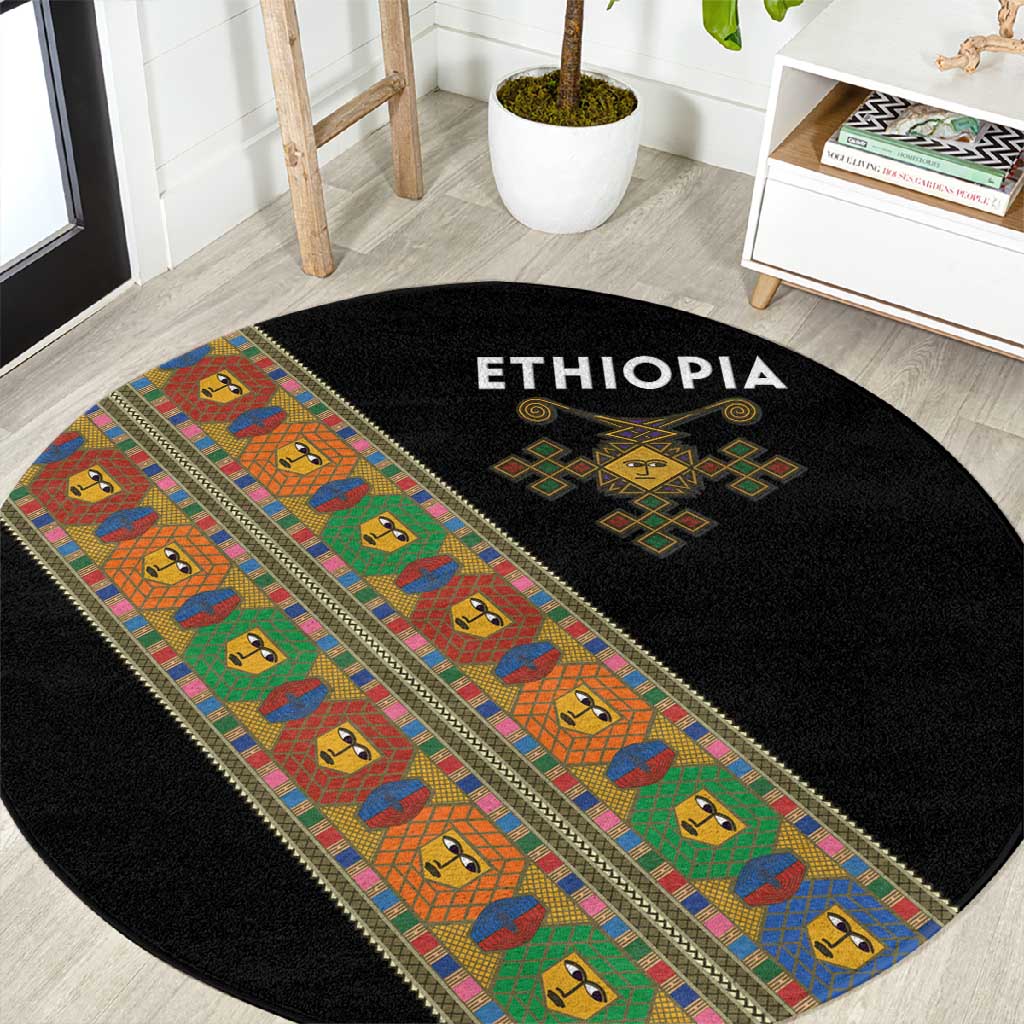 Ethiopia Saba Kemis Sash Style Round Carpet Black Color