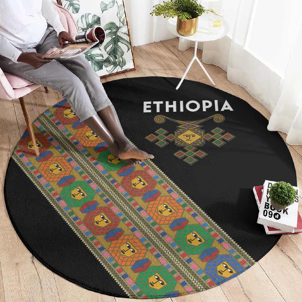 Ethiopia Saba Kemis Sash Style Round Carpet Black Color