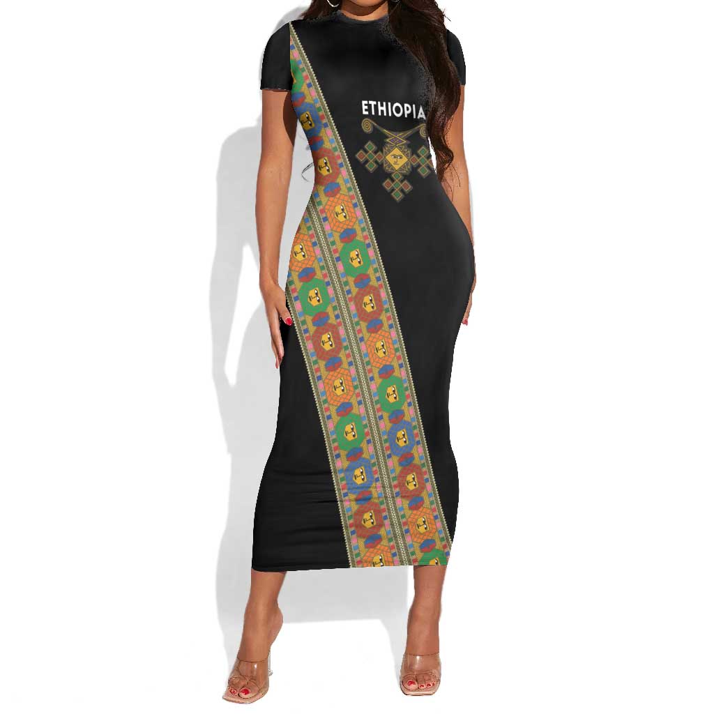 Ethiopia Saba Kemis Sash Style Short Sleeve Bodycon Dress Black Color LT15