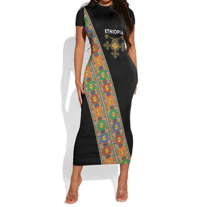 Ethiopia Saba Kemis Sash Style Short Sleeve Bodycon Dress Black Color LT15