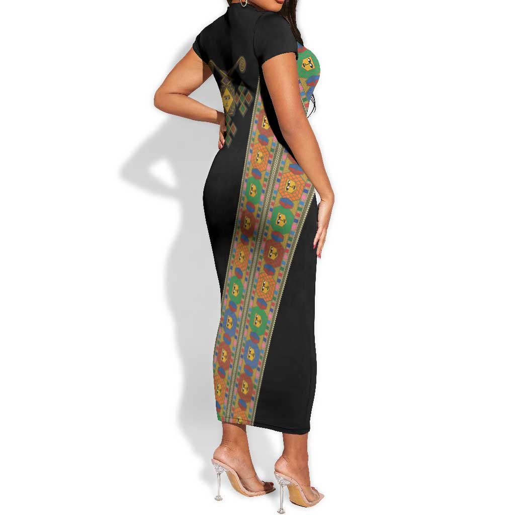 Ethiopia Saba Kemis Sash Style Short Sleeve Bodycon Dress Black Color LT15