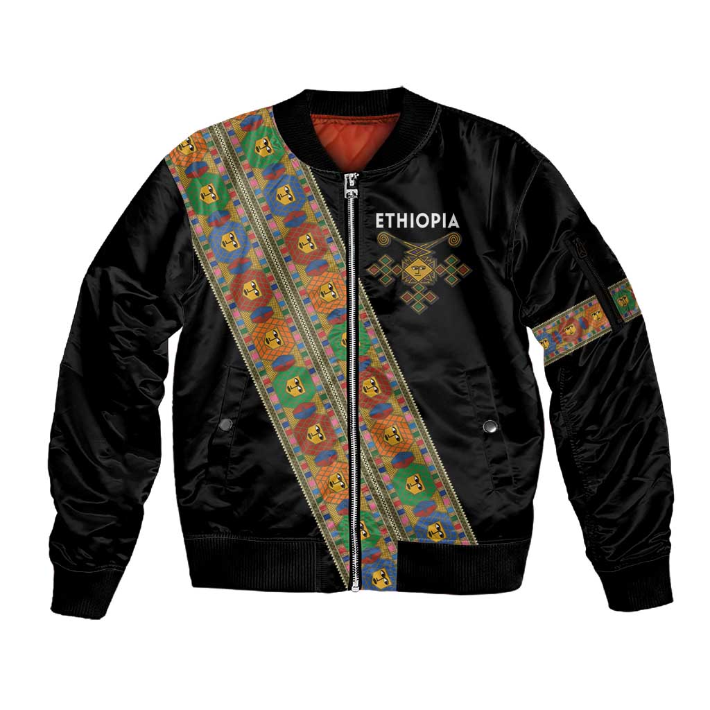 Ethiopia Saba Kemis Sash Style Sleeve Zip Bomber Jacket Black Color