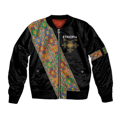 Ethiopia Saba Kemis Sash Style Sleeve Zip Bomber Jacket Black Color