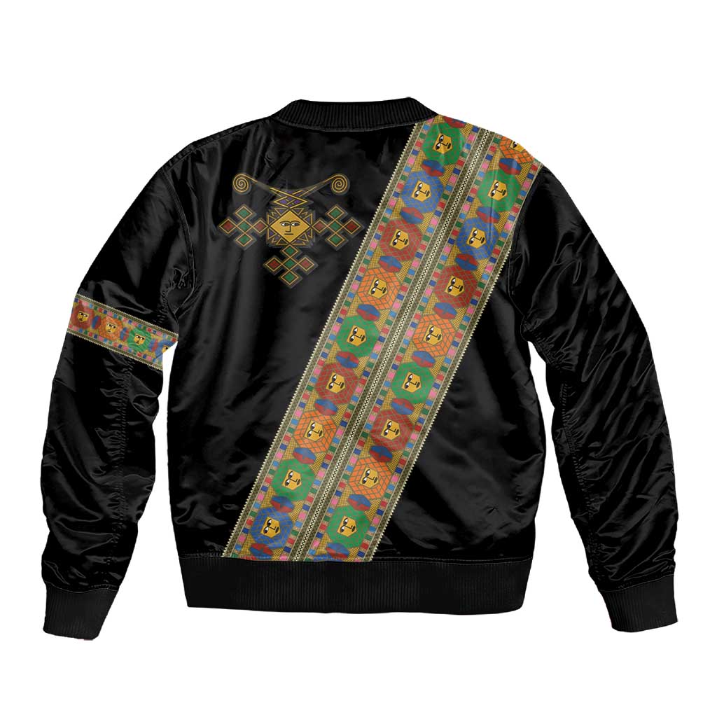 Ethiopia Saba Kemis Sash Style Sleeve Zip Bomber Jacket Black Color